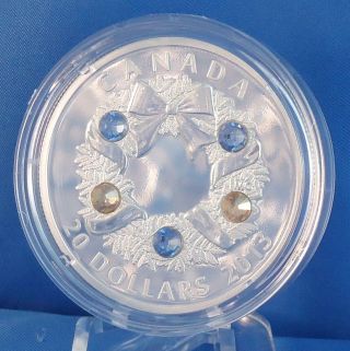 Canada 2013 Holiday Wreath 1 Oz Pure Silver $20 Proof Coin,  5 Swarovski Crystals photo