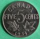 1934 Canadian Imperial Crowned Two Leaf Nickel 5 Cent Piece Au Coins: Canada photo 3