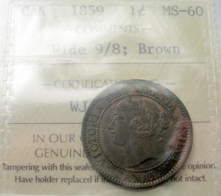 1859 Wide 9 Over 8 Large Cent Iccs Ms - 60 Scarce Variety Unc Key Penny photo