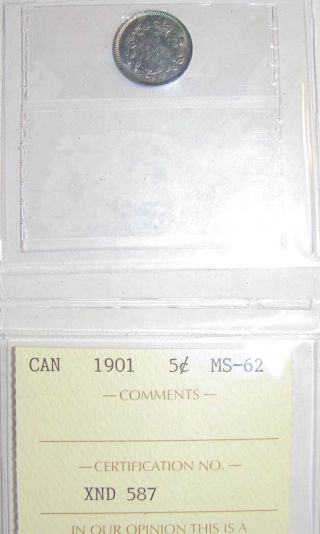 1901 Canada 5c Coin,  Iccs Certified As Ms - 62; Toning photo