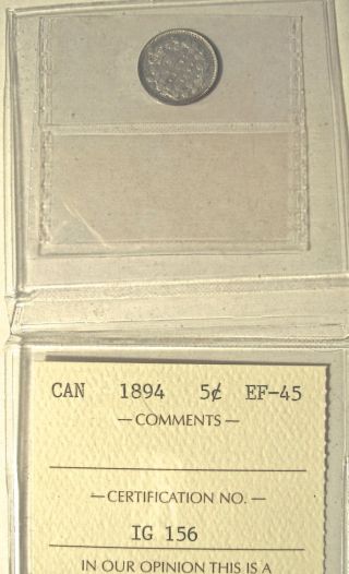 1894 Canada 5c Coin,  Iccs Certified As Ef 45 photo