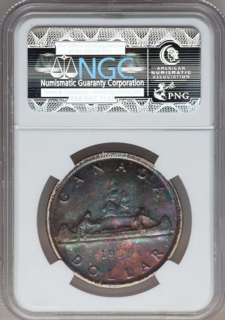1954 Canada 1 Dollar Toning - Ngc Ms - 63 - Silver Coin Km 54 Multicolor Toning photo