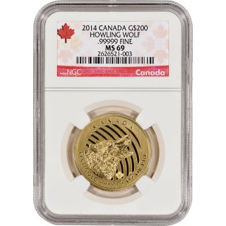 2014 Canada Gold (1 Oz).  99999 Pure ' Howling Wolf ' $200 - Ngc Ms69 photo