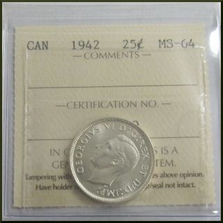 Canada 1942 25 Cents Silver Coin Iccs Ms - 64 photo