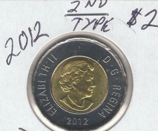 2012 Canada Brilliant Uncirculated Type Two $2 Twoonie Coin Issued For 2012 photo