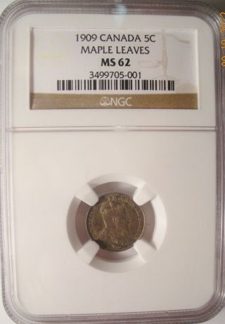 Canada 5 Cents 1909 Round Leaves Ms62,  Ngc Graded photo