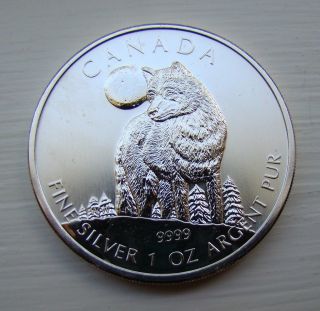 Silver Coin 1 Troy Oz 2011 Canada Canadian Wildlife Series Timber Wolf.  9999 Bu photo