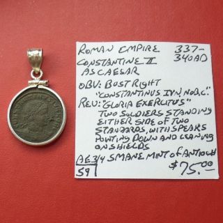 . 925 Silver Custom Bezel & 337 - 340 Ad Constantine Ii Ae3 Small Follis Roman Coin photo