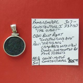 925 Silver Custom Bezel & 307 - 337 Ad Constantine I Ae3 Follis Roman Coin photo