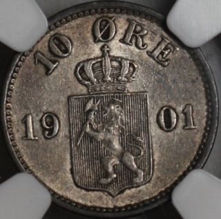 1901 Ngc Au 50 Norway Silver 10 Ore (oscar Ii King Of Sweden & Norway) Pop 1/1 photo
