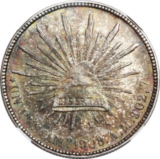 Mexico 1 Peso Mo 1908 A.  M.  Mexico,  Ngc Ms64; Color Toning. photo