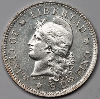 Argentina 1883/2 Overdate 20 Centavos Silver Coin Choice Bu W/ Luster Km 27 photo