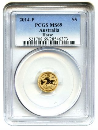 Australia: 2014 $5 Pcgs Ms69 - Chinese Year Of The Hoarse (1/20 Oz 0.  999 Gold) photo