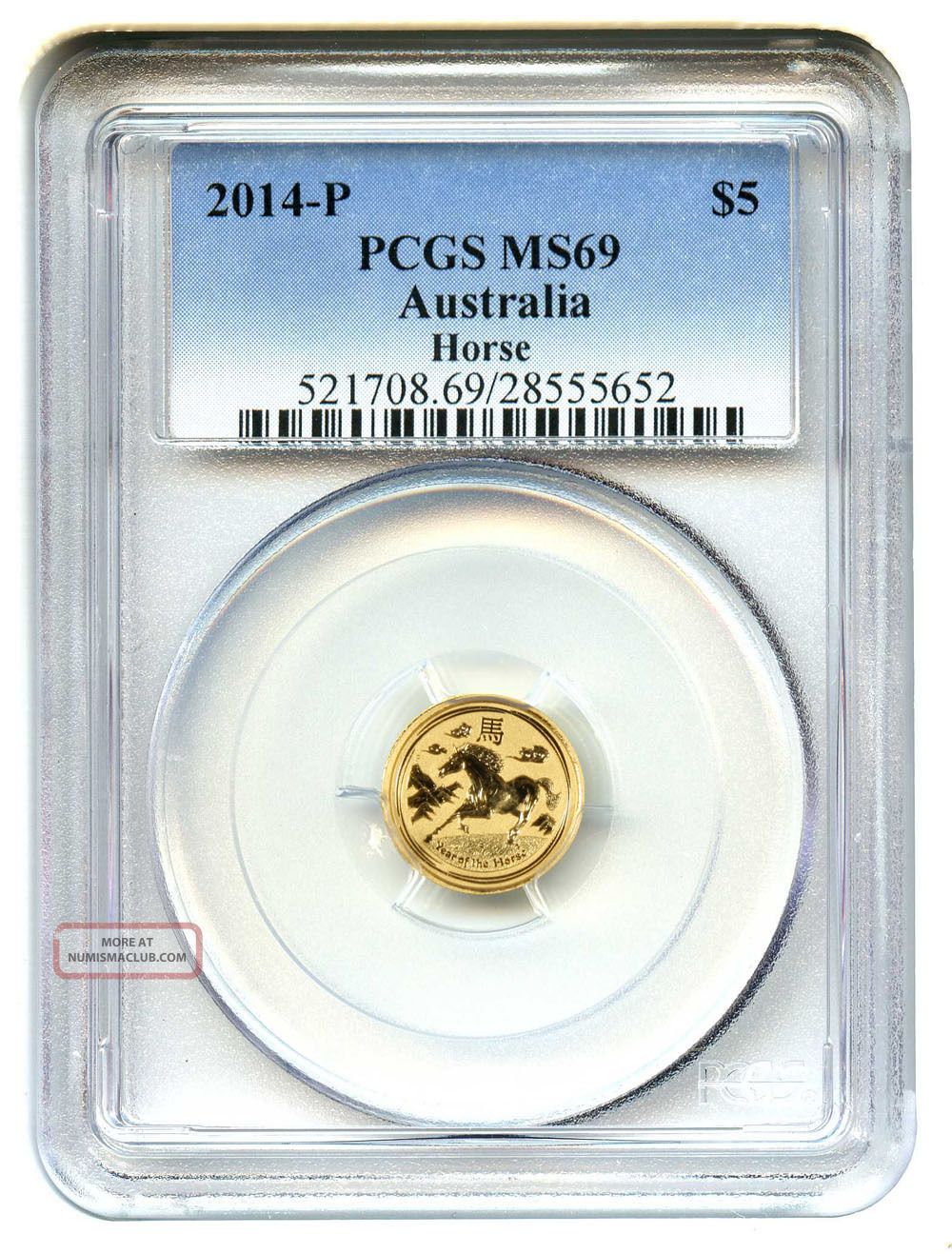 Australia: 2014 $5 Pcgs Ms69 - Chinese Year Of The Hoarse (1/20 Oz 0.  999 Gold) Australia photo