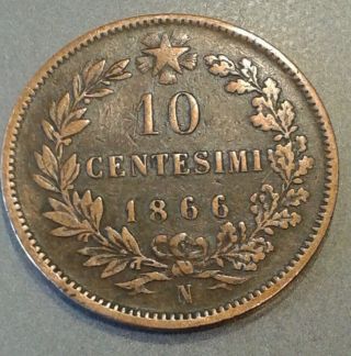 1866 N Italy Bronze - 10 Centesimi - Scarce Naples - Btr Circ Coin - Km11.  4 photo