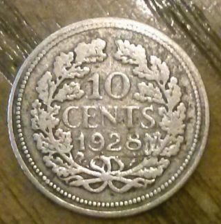 1928 Netherlands Wilhelmina Era 10 Cents - Silver Circ Look photo