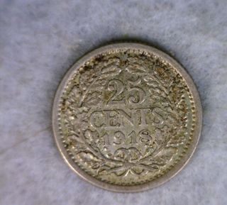 Netherlands 25 Cents 1918 Extra Fine Silver Coin photo