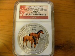 2014 P Australia $1 Year Of The Horse (colorized) Ngc Ms 70,  Er,  1 Oz 0.  999 Ag photo