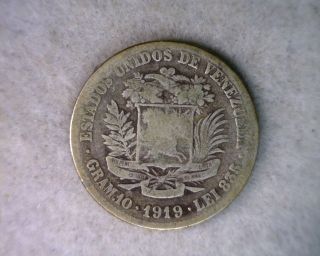 Venezuela 2 Bolivares 1919 Silver Coin photo