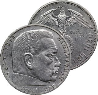 1939 A Germany Hindenburg Third Reich 2 Reichsmark Bu Silver Coin Berlin photo