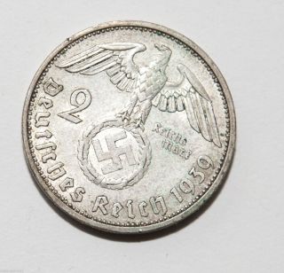 Rare 1939 A Hindenburg Swastika 2 Mark Silver Coin photo