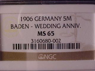 Baden 5 Mark 1906 Wedding Anniversary Ngc Ms 65 photo
