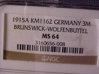 Brunswick Wolfenbuttel 3 Mark 1915 Ngc Ms 64 photo