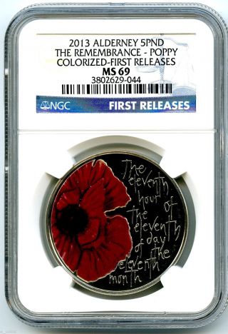 2013 Alderney £5 5pnd Great Britain Remembrance Poppy Ngc Ms69 First Releases photo
