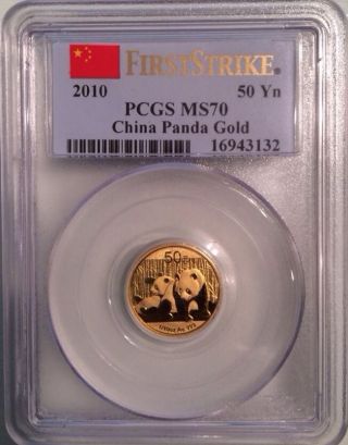 2010 G50y Pcgs Ms70 First Strike Gold Panda Coin 1/10 Oz 50 Yuan - Perfect photo