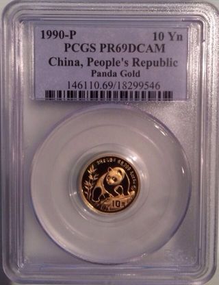 1990 P G10y Pcgs Pr69dcam Gold Proof Panda China Coin 1/10 Oz 10 Yuan Rare photo