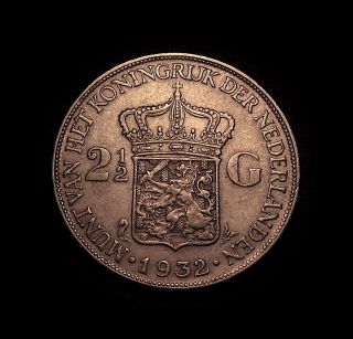 1932 Netherlands 2 1/2 Gulden Silver Crown Silver Coin Detail photo