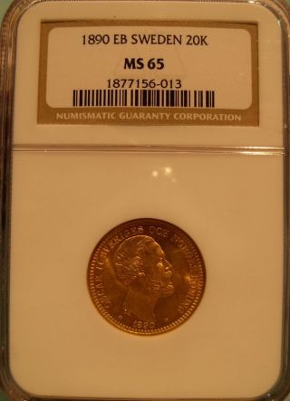 Sweden 1890eb Gold 20 Kronor Ngc Ms - 65 photo