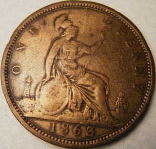 1863 Great Britain Penny - Vf,  Details - Km 749.  2 - Bronze - Usa - Victoria photo