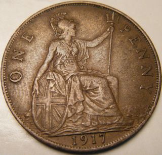 1917 Great Britain Penny - Xf - Km 810 - Bronze - Usa - George V photo