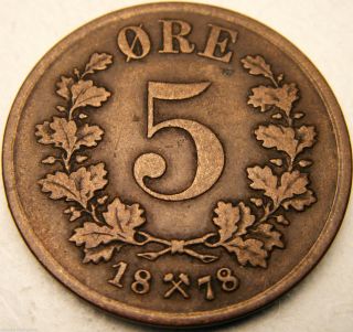 1878 Norway 5 Ore - Bronze - Km 349 - Xf - Crossed Hammers - Usa photo