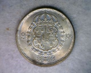 Sweden 2 Kronor 1945 Au Silver Swedish Coin photo