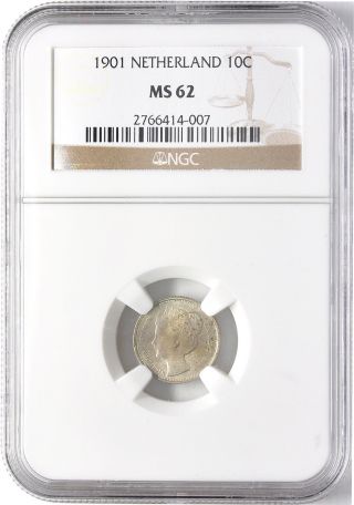 Netherlands: Silver 10 Cents 1901 - Ngc Ms62 - Very Rare photo