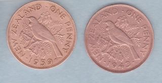 1943 George Vi & 1959 / Queen Elizabeth Ii Zealand Large Pennies photo