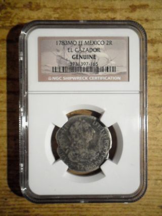 El Cazador 1783 2 Reales Spain Silver Shipwreck Coin Higher Grade Ngc Cert.  - Clip photo