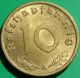 Great Brass Nazi Coin 10 Rp 1938 A, Germany photo 1