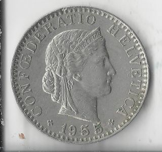 1955 - B Swiss 20 Rappen.  Circulated.  Coin. photo