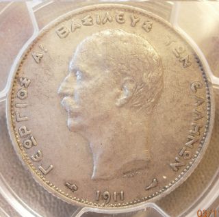 Greece 1911 2 Drachma Silver Grece George I Argent Rare In Au50 Pcgs photo