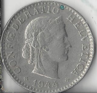 1944 - B Swiss 20 Rappen.  Circulated.  Coin. photo