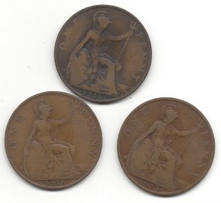Great Britian - Circulated One Penny - 1913,  1915 & 1916 - photo
