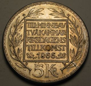 Sweden 5 Kronor 1966 U - Silver - 100th Ann.  Of Constitution Reform - Aunc photo