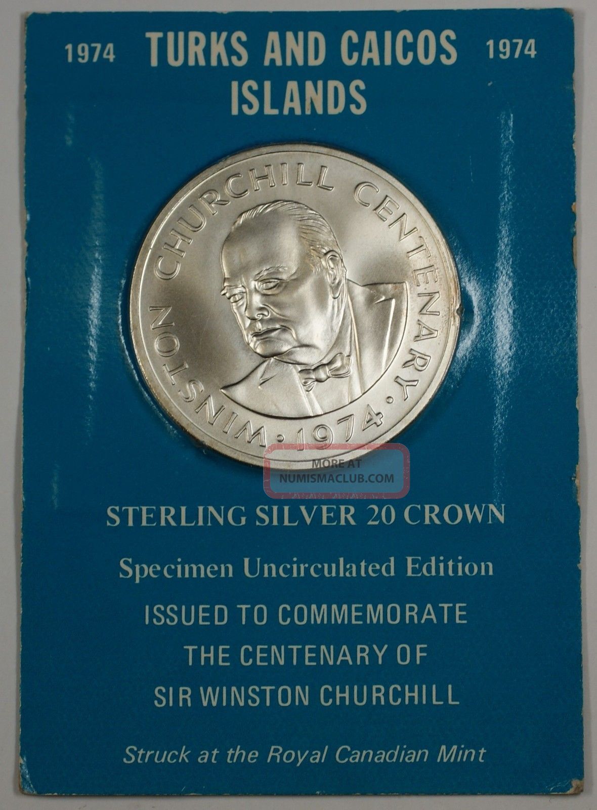 1974 Turks And Caicos Strlng Silver 20 Crown Coin Centenary Of Winston