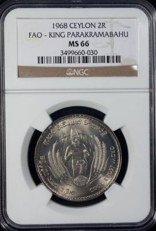1968 Ceylon 2 Rupees Ngc Ms 66 Unc Copper - Nickel photo