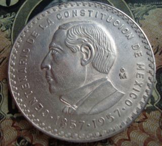 Mexico $5 Pesos Silver Coin 1857 - 1957 photo