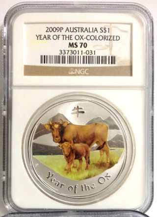 2009p Australia 1 Oz Silver Lunar Year Of The Ox - Colorized - Ngc Ms70 - Perfect photo
