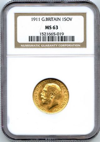 1911 Ngc Ms63 Great Britain Gold 1sov Sovereign King George photo